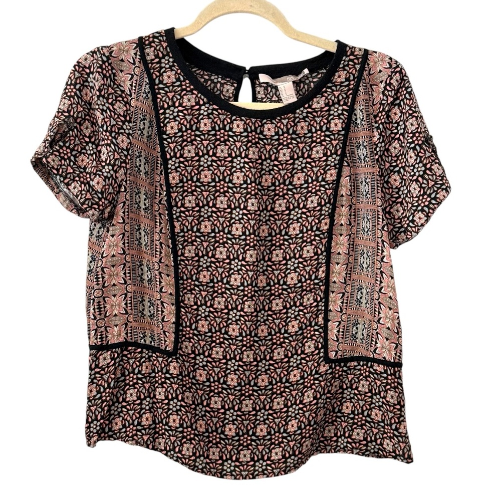 Forever 21 Small Black Pink Floral Geometric Print Short Sleeve Top Boho